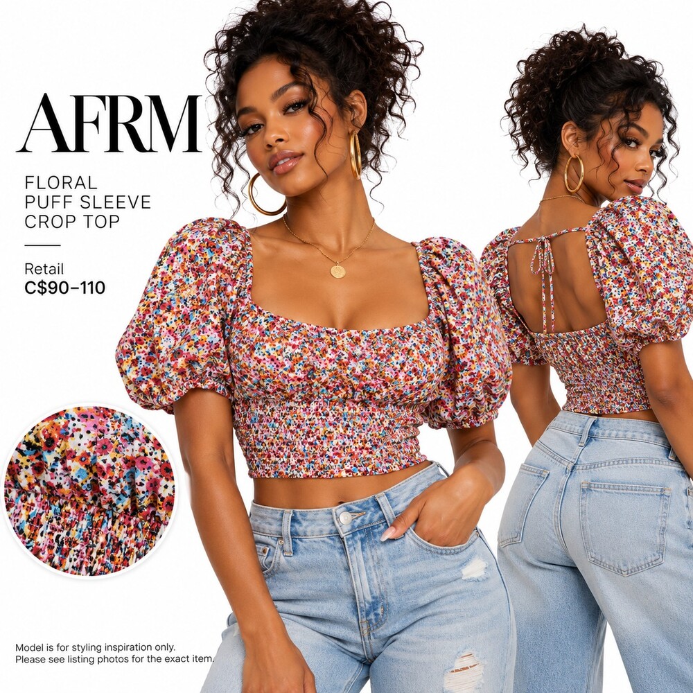 AFRM Floral Puff Sleeve Crop Top in Pink & Blue Like New NWOT